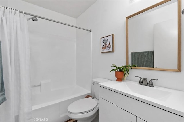 full bath featuring toilet, shower / tub combo with curtain, and vanity