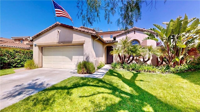 29456 Green Side Ct, Murrieta, CA 92563 - mediterranean / spanish home with an attached garage, stucco siding, a front lawn, driveway, and a tiled roof