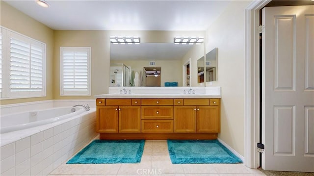 29456 Green Side Ct, Murrieta, CA 92563 - full bathroom featuring a stall shower, a garden tub, double vanity, and tile patterned floors