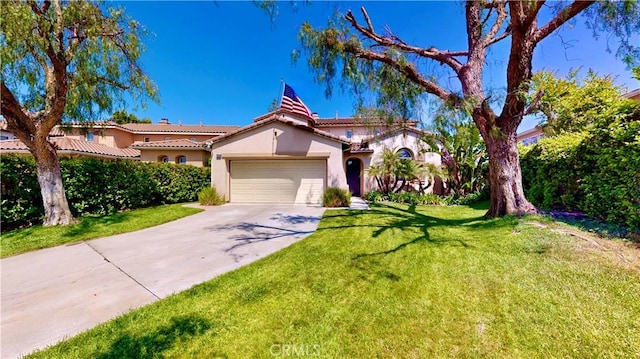 29456 Green Side Ct, Murrieta, CA 92563 - mediterranean / spanish home featuring stucco siding, concrete driveway, a front lawn, an attached garage, and a tiled roof