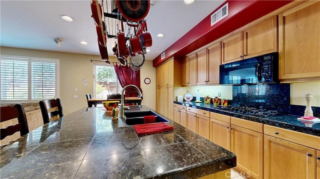 29456 Green Side Ct, Murrieta, CA 92563 - kitchen with black appliances, a sink, tile countertops, tasteful backsplash, and recessed lighting