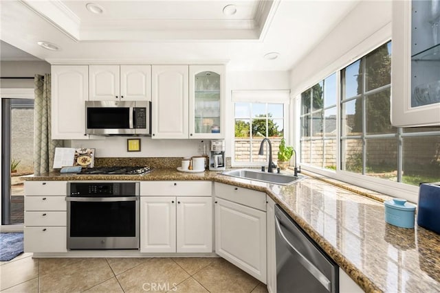 kitchen featuring appliances with stainless steel finishes, a sink, a tray ceiling, crown molding, and white cabinetry