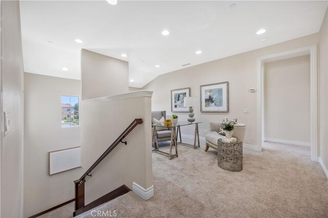 51 Carrington, Irvine, CA 92620 - corridor with an upstairs landing, light colored carpet, and recessed lighting