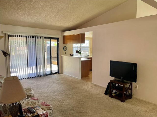 unfurnished living room featuring light colored carpet, a textured ceiling, lofted ceiling, and baseboards