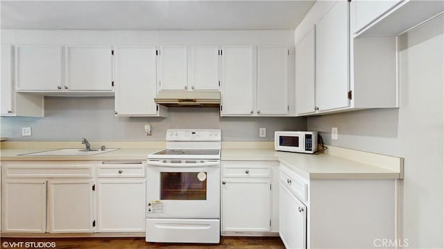 9020 Newport Ave Unit 17, Fontana, CA 92335 - kitchen with white appliances, under cabinet range hood, light countertops, a sink, and white cabinetry