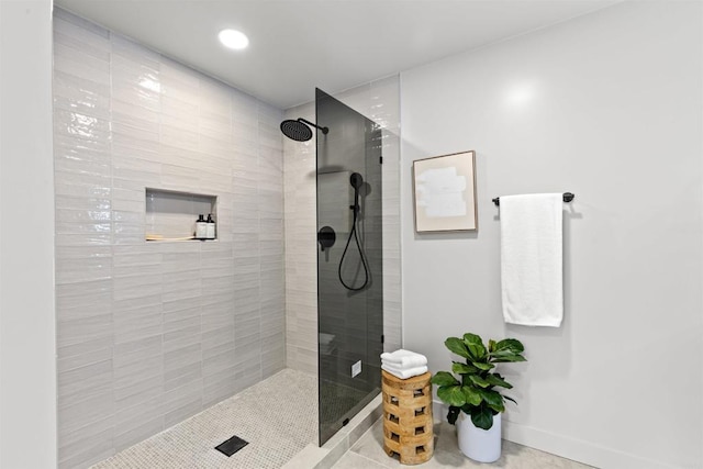 5740 Daffodil Ln, San Diego, CA 92120 - bathroom with a walk in shower, baseboards, recessed lighting, and tile patterned flooring
