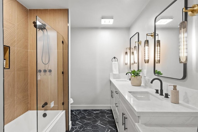 5740 Daffodil Ln, San Diego, CA 92120 - bathroom featuring marble finish flooring, toilet, double vanity, baseboards, and tub / shower combination