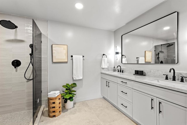 5740 Daffodil Ln, San Diego, CA 92120 - bathroom with a tile shower, tile patterned flooring, double vanity, and recessed lighting