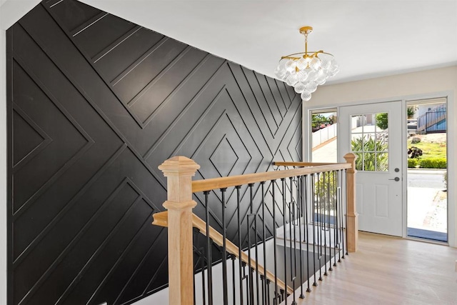 5740 Daffodil Ln, San Diego, CA 92120 - stairway featuring a chandelier and wood finished floors