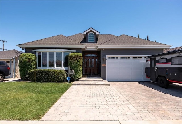 view of front of property featuring decorative driveway, an attached garage, and a front yard