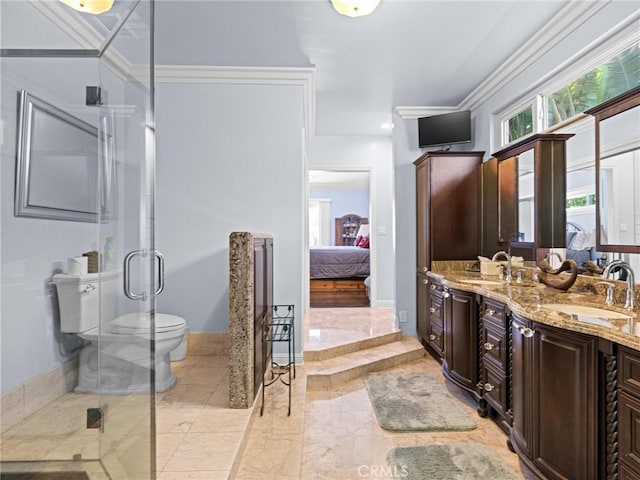 ensuite bathroom featuring double vanity, a stall shower, baseboards, toilet, and marble finish flooring