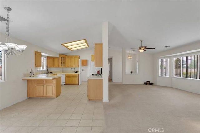 19115 Seneca, Apple Valley, CA 92307 - kitchen featuring dishwasher, a chandelier, light countertops, vaulted ceiling, and a peninsula