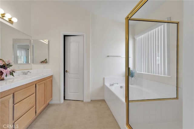 19115 Seneca, Apple Valley, CA 92307 - full bathroom with a garden tub, vanity, a shower with door, and baseboards