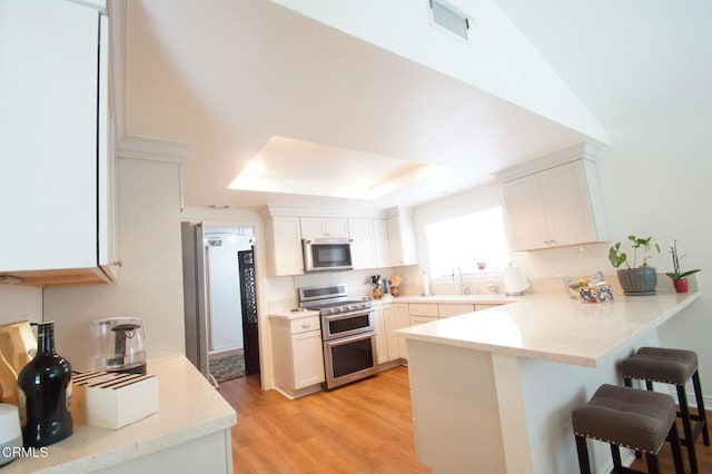 kitchen with stainless steel appliances, a tray ceiling, a peninsula, a breakfast bar area, and light wood-type flooring