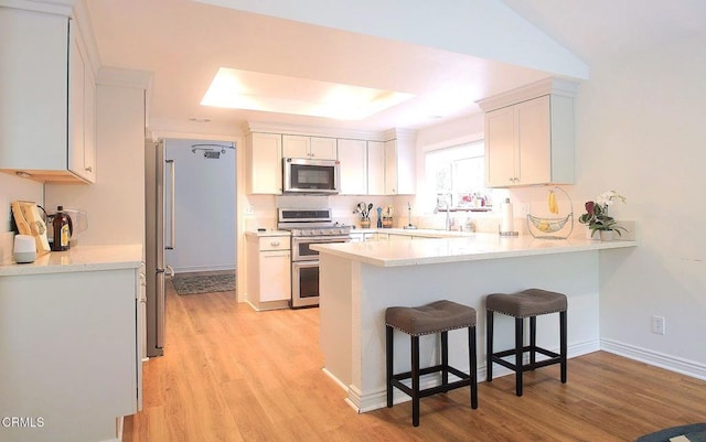 6464 San Como Ln, Camarillo, CA 93012 - kitchen with appliances with stainless steel finishes, a peninsula, light wood-type flooring, a kitchen breakfast bar, and a sink
