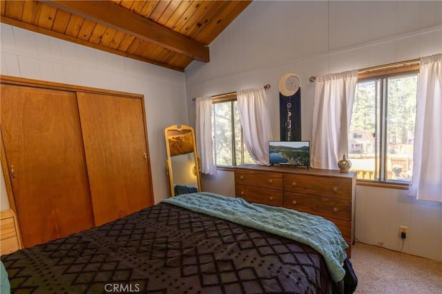 615 Elysian Blvd, Big Bear City, CA 92314 - bedroom with multiple windows, carpet, wood ceiling, and a closet