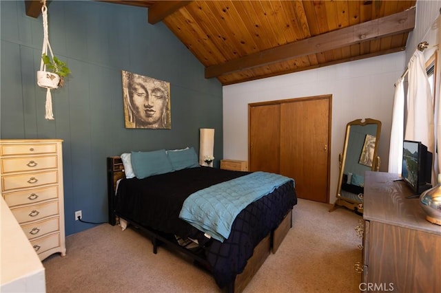 615 Elysian Blvd, Big Bear City, CA 92314 - bedroom featuring light carpet, wooden ceiling, and a closet