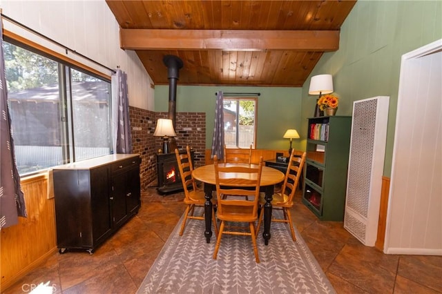 615 Elysian Blvd, Big Bear City, CA 92314 - dining room featuring a heating unit, a wood stove, wooden ceiling, wood walls, and dark tile patterned flooring
