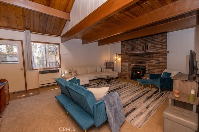 615 Elysian Blvd, Big Bear City, CA 92314 - living room featuring beamed ceiling, wooden ceiling, and carpet