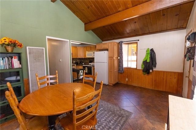 615 Elysian Blvd, Big Bear City, CA 92314 - dining room featuring a heating unit, wooden walls, wood ceiling, and dark tile patterned flooring