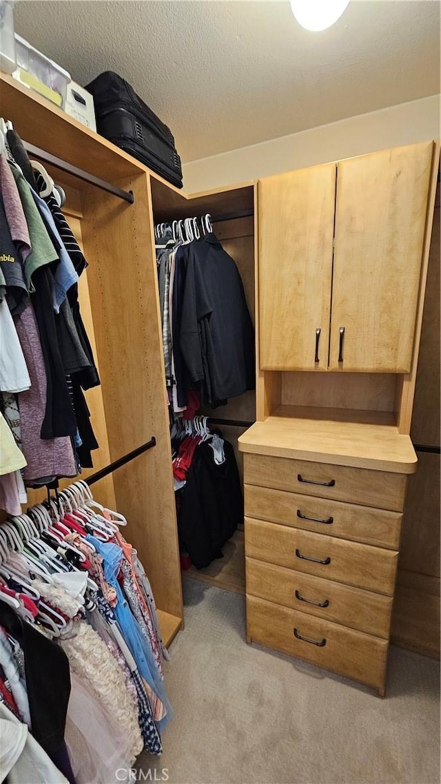 spacious closet featuring light carpet