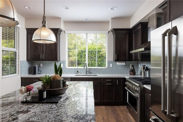 kitchen with high quality appliances, a sink, dark wood finished floors, healthy amount of natural light, and recessed lighting