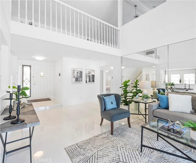 20720 Cottonwood Rd, Yorba Linda, CA 92887 - tiled living room featuring a high ceiling and plenty of natural light