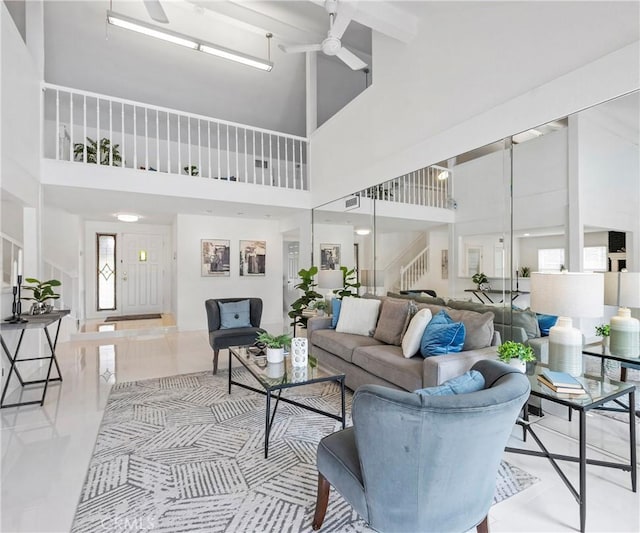 20720 Cottonwood Rd, Yorba Linda, CA 92887 - tiled living area featuring high vaulted ceiling, a ceiling fan, and stairway