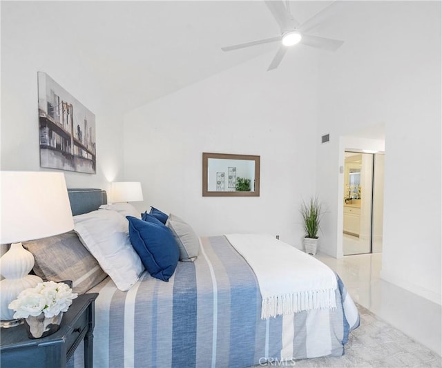 20720 Cottonwood Rd, Yorba Linda, CA 92887 - bedroom featuring high vaulted ceiling, ceiling fan, and ensuite bath