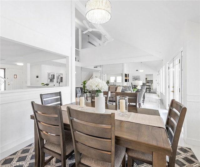 20720 Cottonwood Rd, Yorba Linda, CA 92887 - dining area with a ceiling fan, a chandelier, and high vaulted ceiling