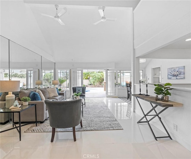 20720 Cottonwood Rd, Yorba Linda, CA 92887 - tiled living area with high vaulted ceiling and ceiling fan
