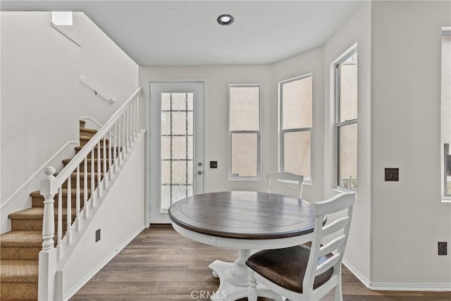 2535 Canterbury Ln, Simi Valley, CA 93063 - dining space with wood finished floors, stairway, baseboards, and recessed lighting