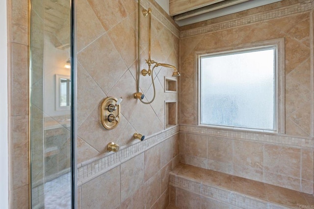 bathroom with a tile shower and plenty of natural light