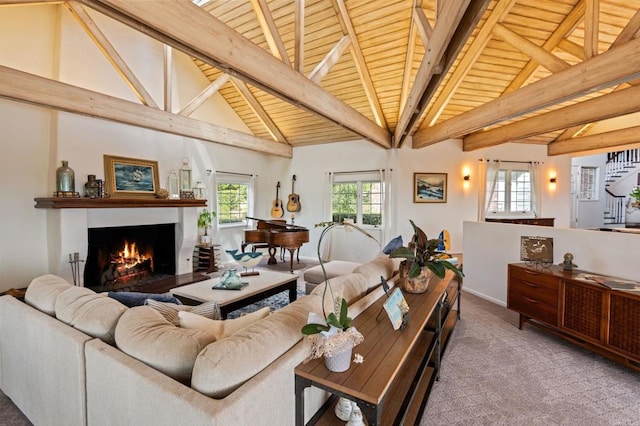 carpeted living area with wooden ceiling and a warm lit fireplace