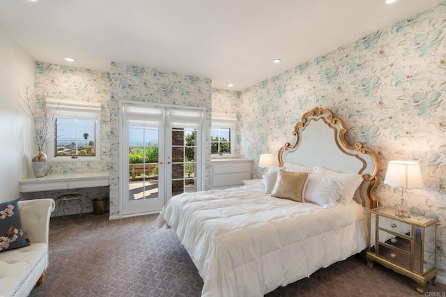 bedroom with access to exterior, carpet, recessed lighting, and wallpapered walls