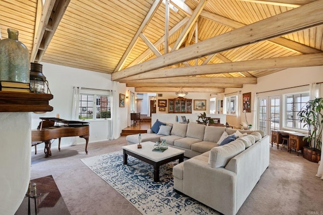 living room with carpet flooring, wood ceiling, beam ceiling, and high vaulted ceiling