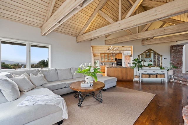 living area featuring wood ceiling and dark wood finished floors