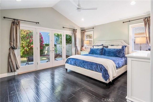2808 Oak Ave, Manhattan Beach, CA 90266 - bedroom with access to exterior, vaulted ceiling, french doors, wood finished floors, and recessed lighting
