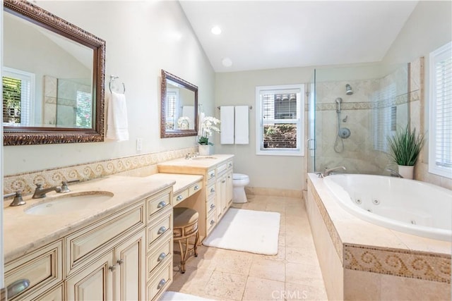 2808 Oak Ave, Manhattan Beach, CA 90266 - full bath with tiled shower, lofted ceiling, plenty of natural light, toilet, and a whirlpool tub