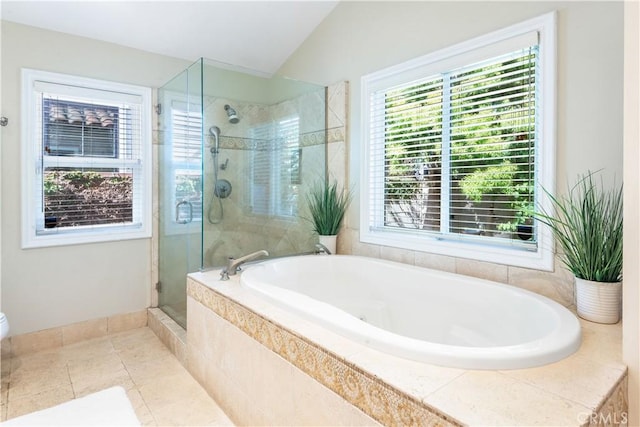 2808 Oak Ave, Manhattan Beach, CA 90266 - full bath with a shower stall, lofted ceiling, a garden tub, and tile patterned flooring