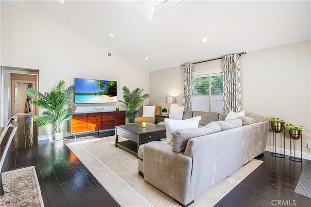 2808 Oak Ave, Manhattan Beach, CA 90266 - living room with wood-type flooring, baseboards, recessed lighting, and high vaulted ceiling