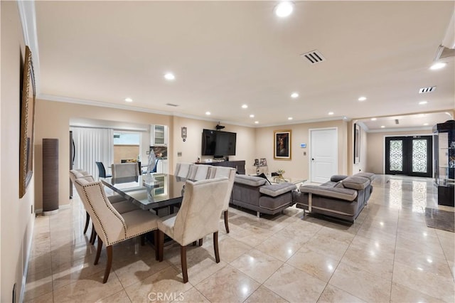 dining space featuring crown molding, recessed lighting, light tile patterned floors, and baseboards