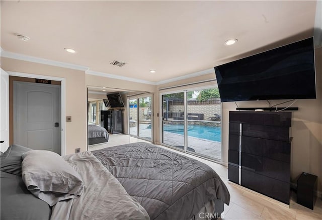 bedroom featuring access to outside, crown molding, recessed lighting, and light tile patterned floors