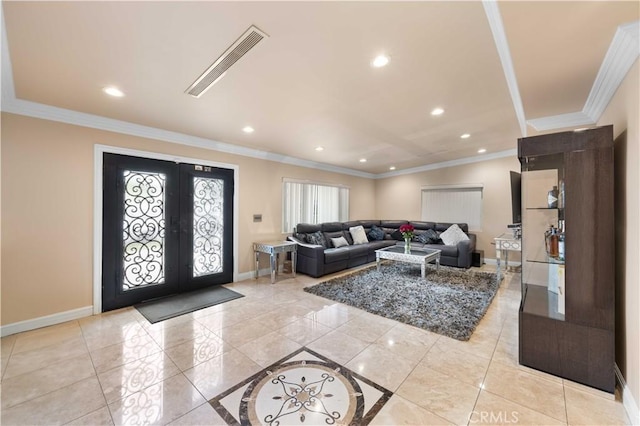 living area with baseboards, french doors, ornamental molding, inlaid floor details, and recessed lighting
