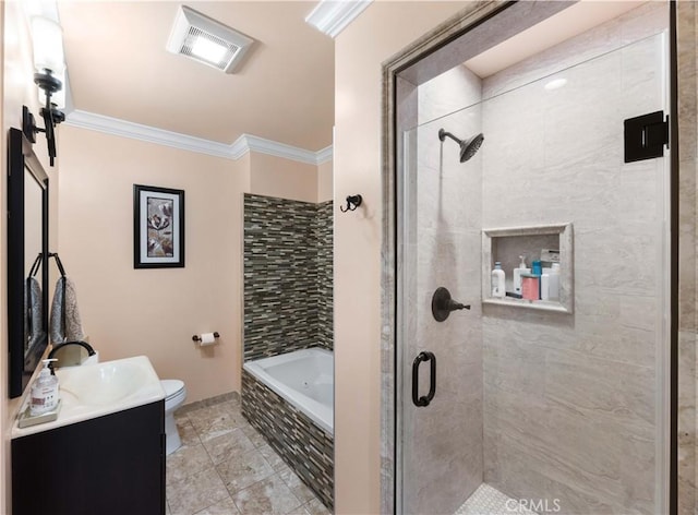 full bathroom with a stall shower, toilet, ornamental molding, tiled tub, and vanity