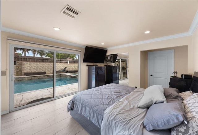 bedroom with access to outside, ornamental molding, and recessed lighting