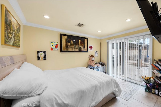tiled bedroom featuring access to outside, ornamental molding, and recessed lighting