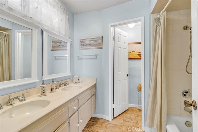 25572 Saltwater Dr, Dana Point, CA 92629 - bathroom featuring double vanity, shower / bathtub combination with curtain, and tile patterned flooring