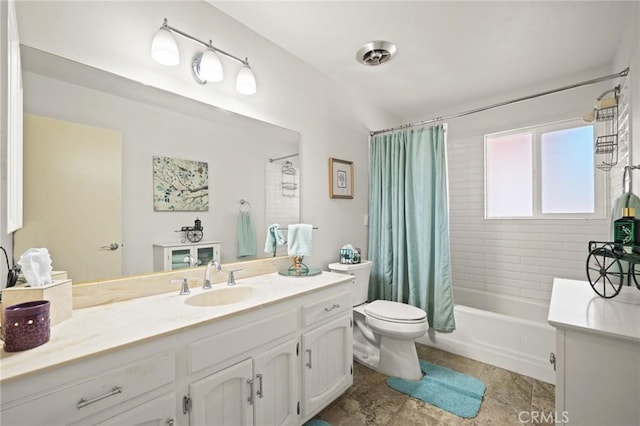 54955 Benecia Trl, Yucca Valley, CA 92284 - bathroom with toilet, shower / bath combo with shower curtain, and vanity