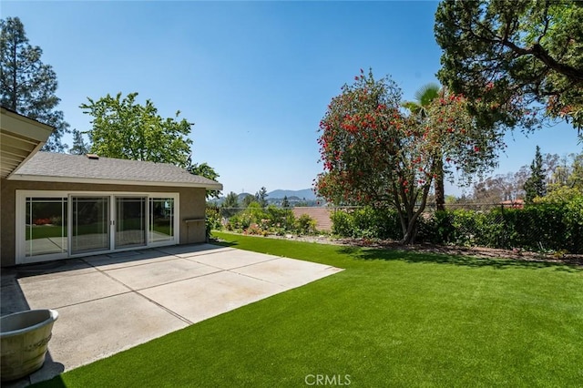 view of yard featuring a patio and a mountain view